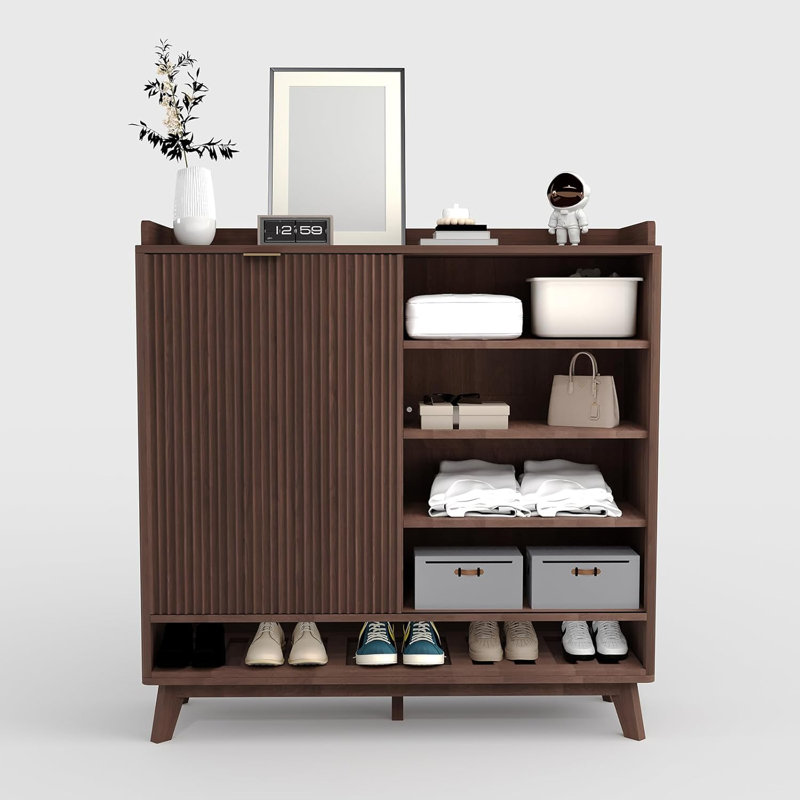 Armoire à chaussures étroite cannelée avec 2 tiroirs rabattables, Noyer