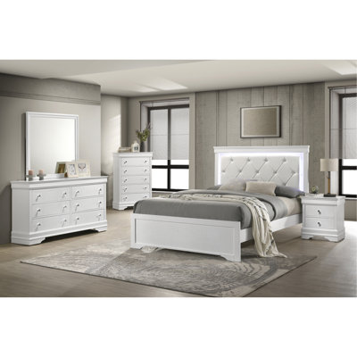 Ensemble de chambre avec grand lit tapissier de style moderne 5 pièces avec tête de lit à DEL en bois blanc