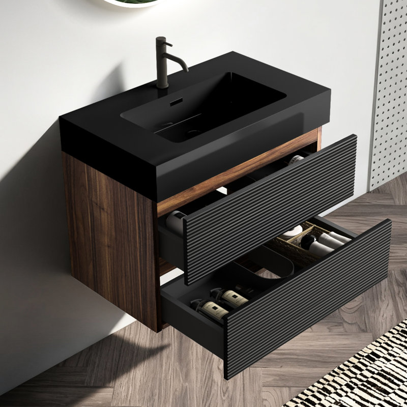 Meuble-lavabo moderne de 30 po avec fixation murale, lavabo une pièce noir mat, tiroirs doubles, panneaux de qualité E1, laque à base d'eau E0, système de fermeture silencieuse et silencieuse, capacité de charge du tiroir de 55 lb