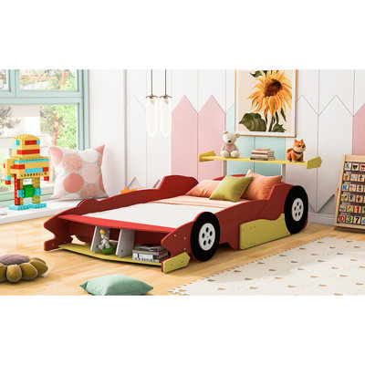 Lit plateforme en forme de voiture de course rouge avec roues - et voiture confortable assurant une zone de sommeil paisible et protégée