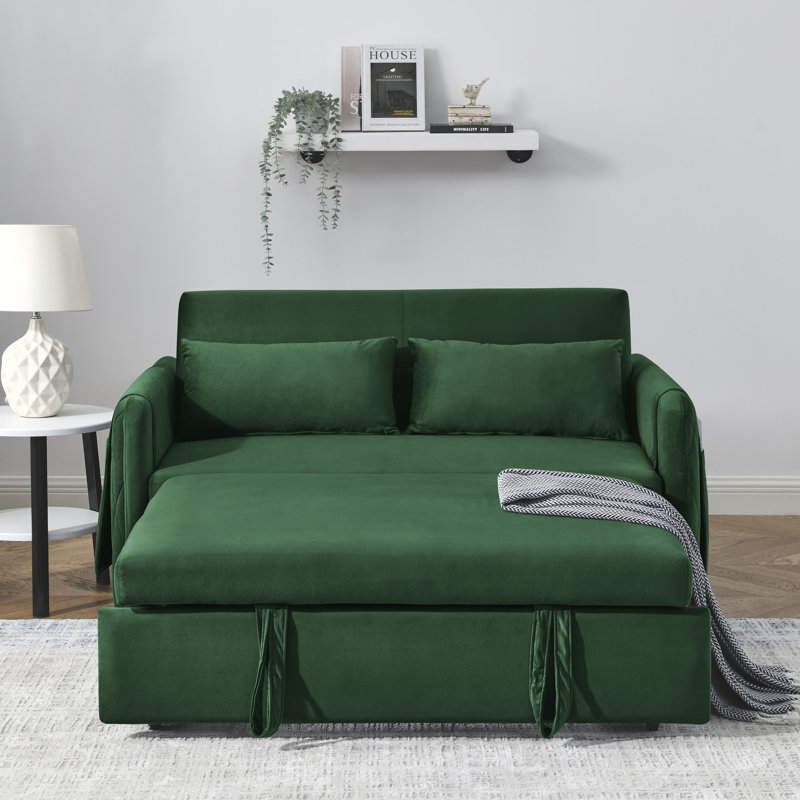 Canapé-lit convertible moderne de 55 po avec 2 poches pour accoudoirs amovibles, canapé-lit en velours avec lit escamotable, 2 coussins et dossier ajustables pour le salon, accoudoirs à motif quadrillé 
