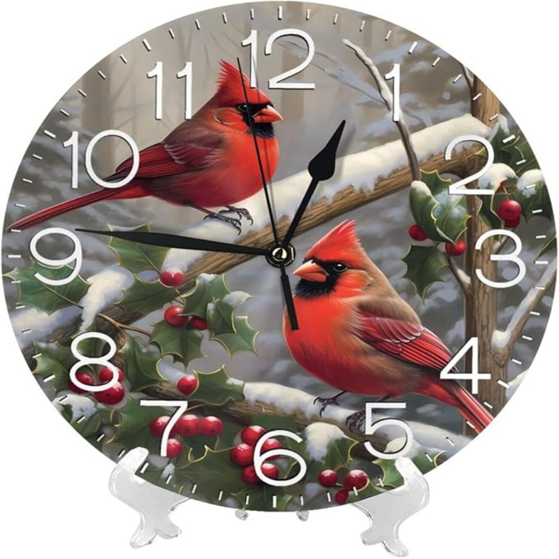 Horloge murale ronde, oiseaux de Noël rouges, horloges décoratives silencieuses et silencieuses, à piles, à quartz, pour la maison, la cuisine, la salle de bain