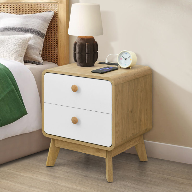Hach Set Of 2 Wood Nightstands, 2 Drawer Bedside Tables With Storage, Night Stands For Bedroom, End Table Or Side Table For Living Room, 15.5" X 18.9" X 21.7", Oak/White