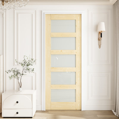 32" x 80" 5‑Lite Solid Pine Wood & Tempered Frosted Glass Interior Slab Door, Unfinished & Paintable, w/o Hardware, for Bedroom, Closet, Hallway, Living Room, Pantry & Bathroom, Ideal for Prehung, Barn, Pocket, French & Bifold Door