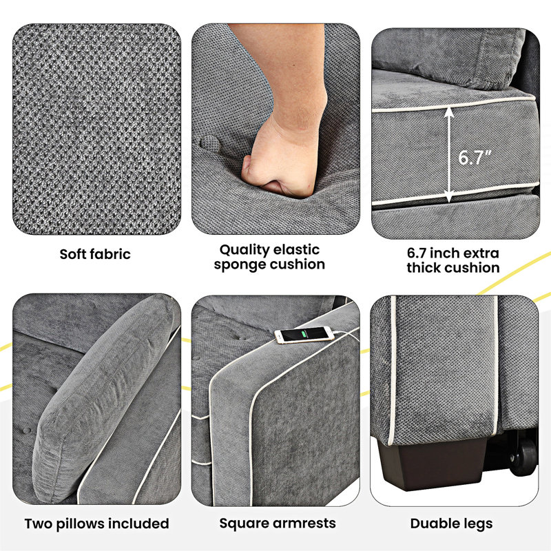 Upholstered Pull Out Sofa Bed With Throw Pillows, USB Charging Port And Adjustable Backrest, Charcoal Gray