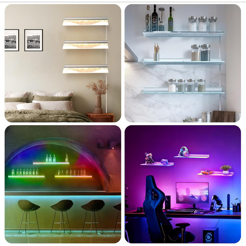  Étagère lumineuse à DEL, étagère murale flottante en acrylique RVB avec télécommande et télécommande, présentoir lumineux pour objets de collection, figurines, mini-bar et salle de divertissement (ensemble de 3)