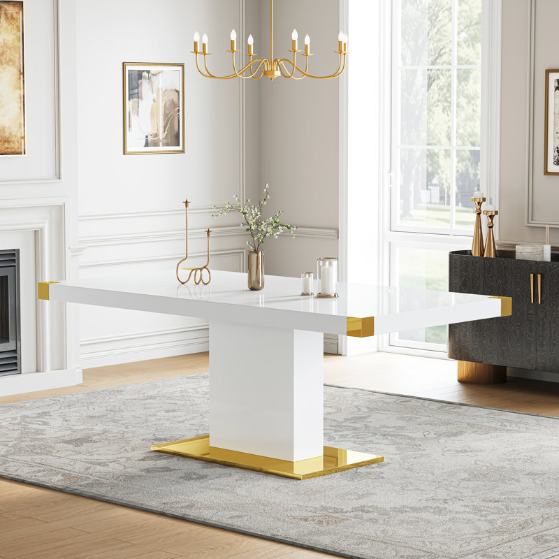 Modern 78.74" Rectangle Dining Table With Velvet Tufted Chairs And Nailhead Trim, Single Pedestal Gold Stainless Steel Base, Contemporary Minimalist Dining Table Set