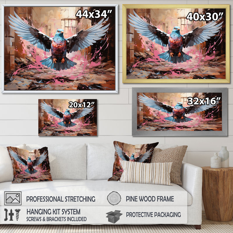 Pigeon bleu et rose en vol - Art mural animal pigeon, Cadre doré à coins fermés, H 30 po x l 40 po x P 1,5 po