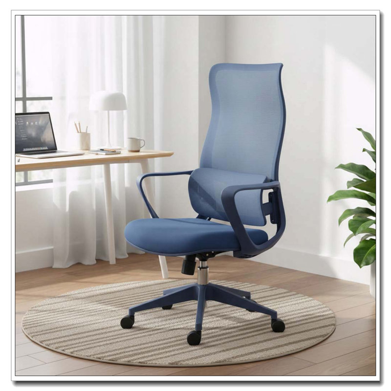 Chaise de bureau ergonomique en maille à haut dossier avec support lombaire réglable, Blue Nylon - High Back