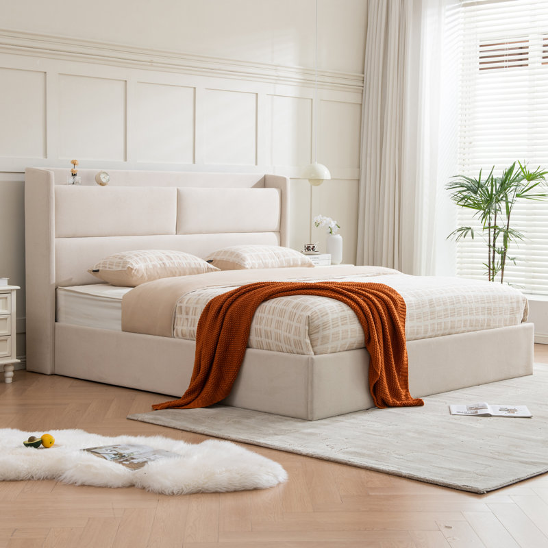 Lit plateforme tapissier avec levage hydraulique, Beige, Très grand