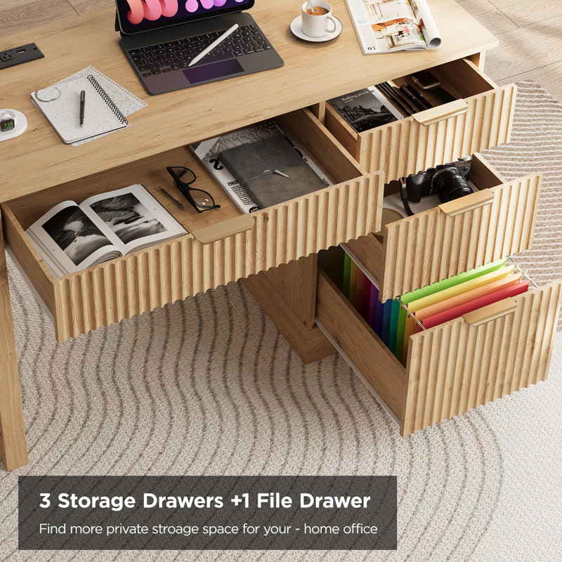 Fluted Executive Desk With Drawers With Ample File Drawer, Oak
