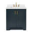 Meuble-lavabo simple en bois massif de 30 po de couleur bleu nuit avec comptoir en quartz blanc Carrara de 1,5 po Freitas, évier central ovale-763243752-694790712-694790718