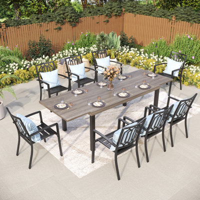 Rectangle Outdoor Patio Dining Set Wooden-look Expandable Heavy Duty Metal Table With Stackable Chairs