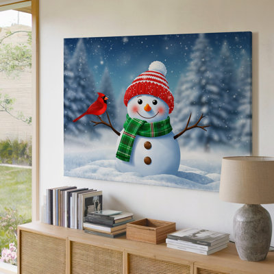 Canvas A Cheerful Snowman Stands In A Snowy Landscape Adorned With Wall Art A Bright Red And White Striped Knit Hat And A Bringing Canvas Wall Art