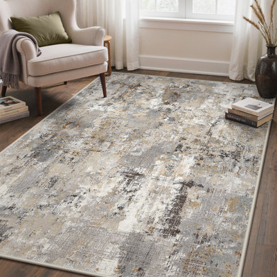 Mignone Ebon Abstract Machine Washable Grey / Brown Indoor Area Rug with Non-Slip Backing