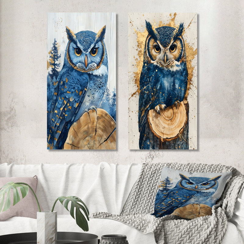 Hibou dans la forêt saphir paysage I - oiseaux, ensemble d'art mural en métal de 2, 32" H x 32" W