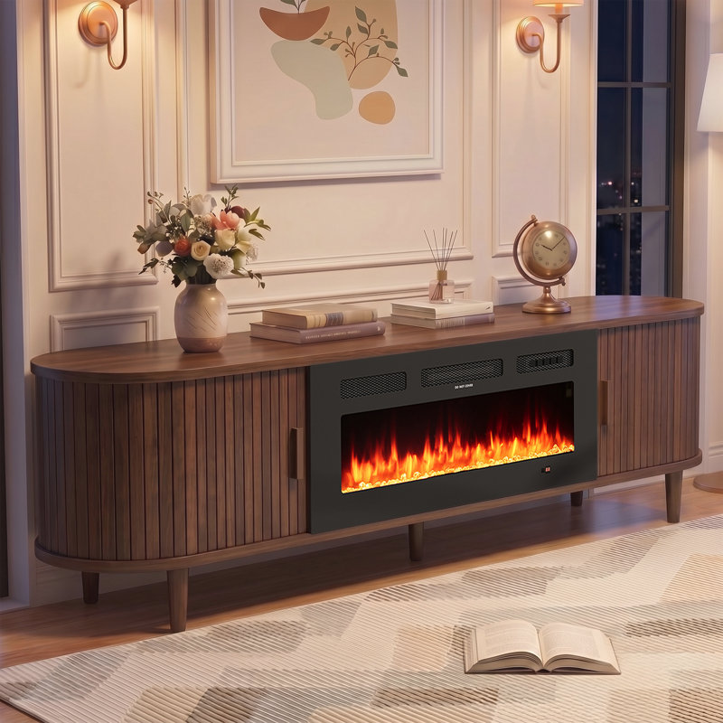 Meuble télé 70 po avec cannelure en noyer avec télécommande et commande tactile, couleurs et température de flamme réglables, centre de divertissement avec rangement pour téléviseurs de 80 po, console multimédia moderne pour le salon