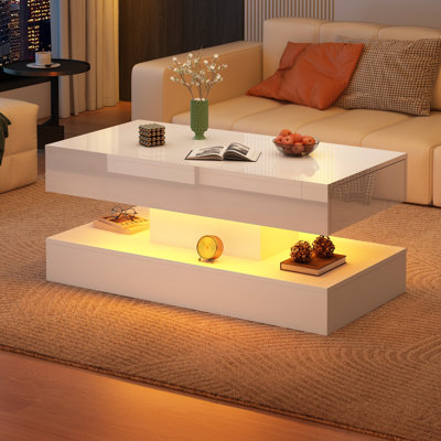 Modern High Gloss LED Coffee Table with 2 Storage Drawers, 20 Colours LED Lights (APP/Remote Control), 2-Tier Marbling Print Centre Table for Living Room