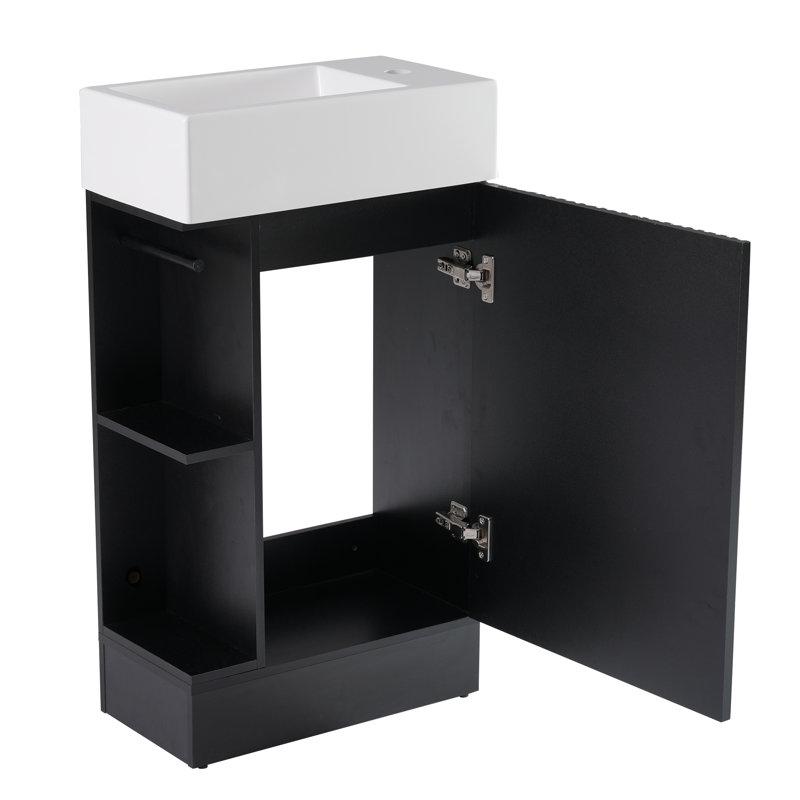 Hearns 18.6" Bathroom Vanity with Ceramic Sink, Vanity with 2-Tier Shelf, Left or Right Orientation, Black