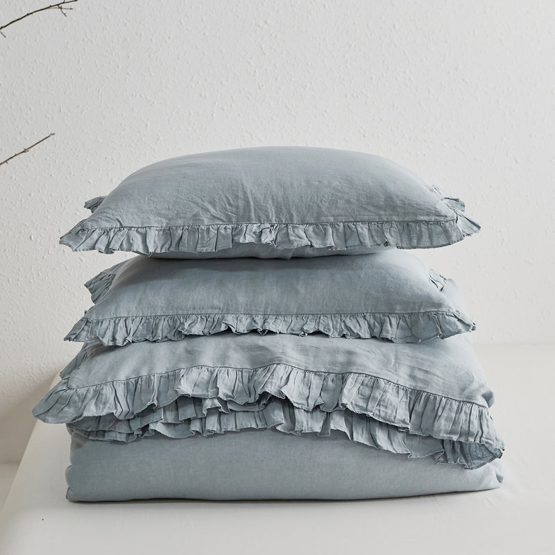 Linen Ruffled Duvet Cover Set, Dusty Blue, King Duvet Cover + 2 King Shams