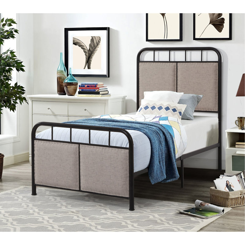 Base de lit simple tapissier en lin avec tête de lit et pied de lit en tissu