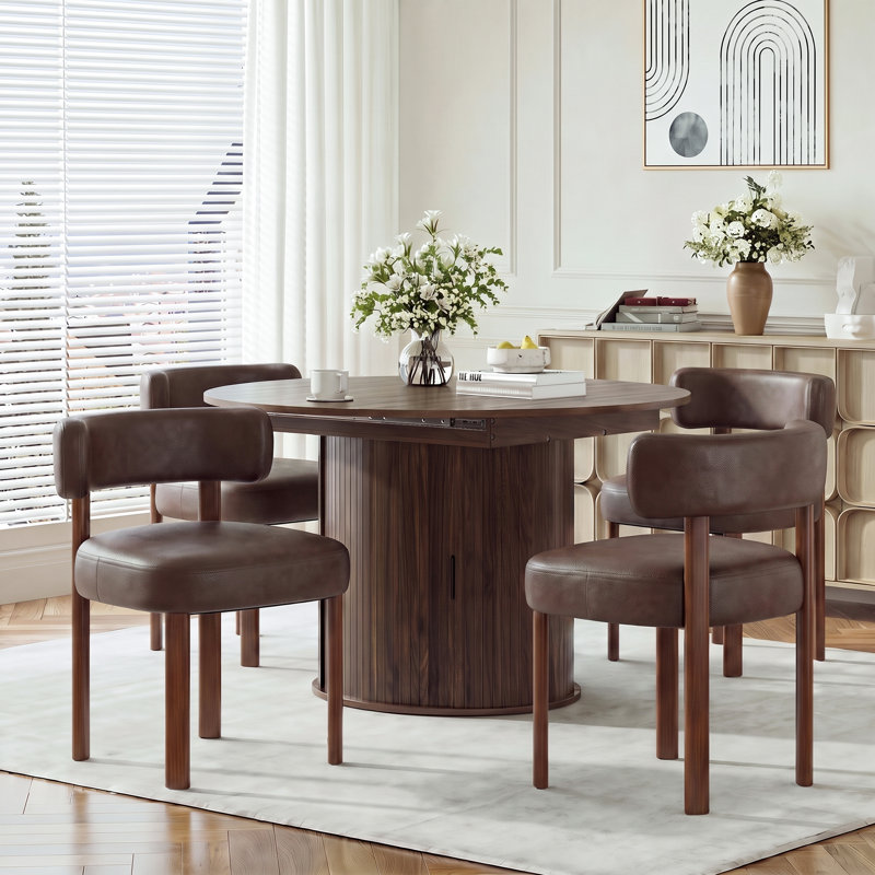 Extendable Dining Set, Noyer, Ensemble de cinq pièces : table, quatre chaises, Marron foncé