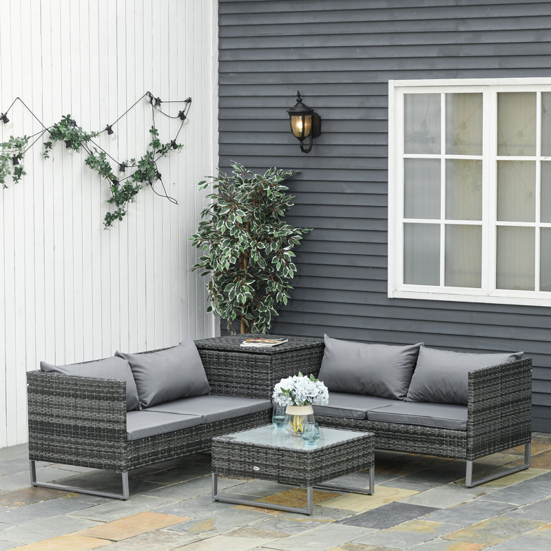 Keana 4 Seater Rattan Garden Furniture Set with Storage Box Grey