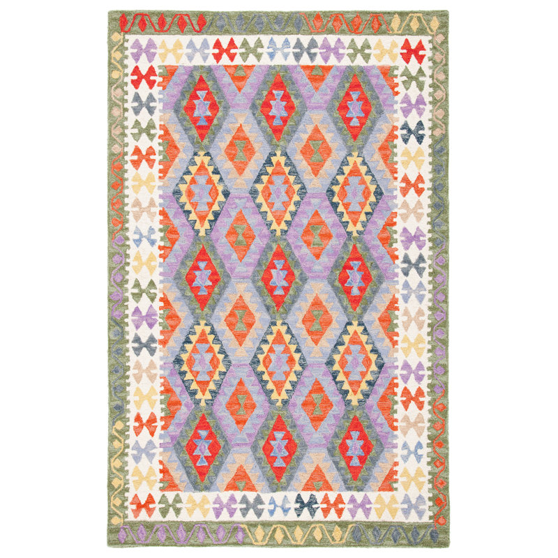 Horwich Southwestern Handmade Tufted Area Rug in Purple/White/Green, Rectangle 8' x 10'