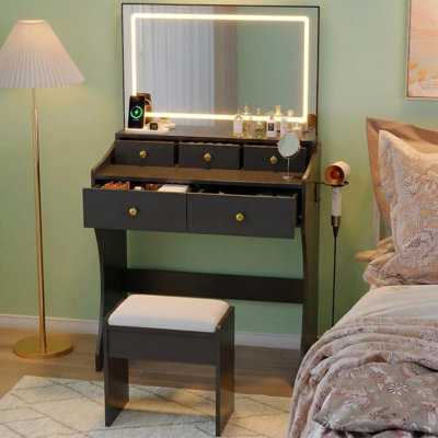 LED Makeup Vanity Desk with Mirror & Chair, Dressing Table Featuring Power Outlet, Hair Dryer Holder and 5 Drawers, Vanity Table with Cushioned Stool, Black