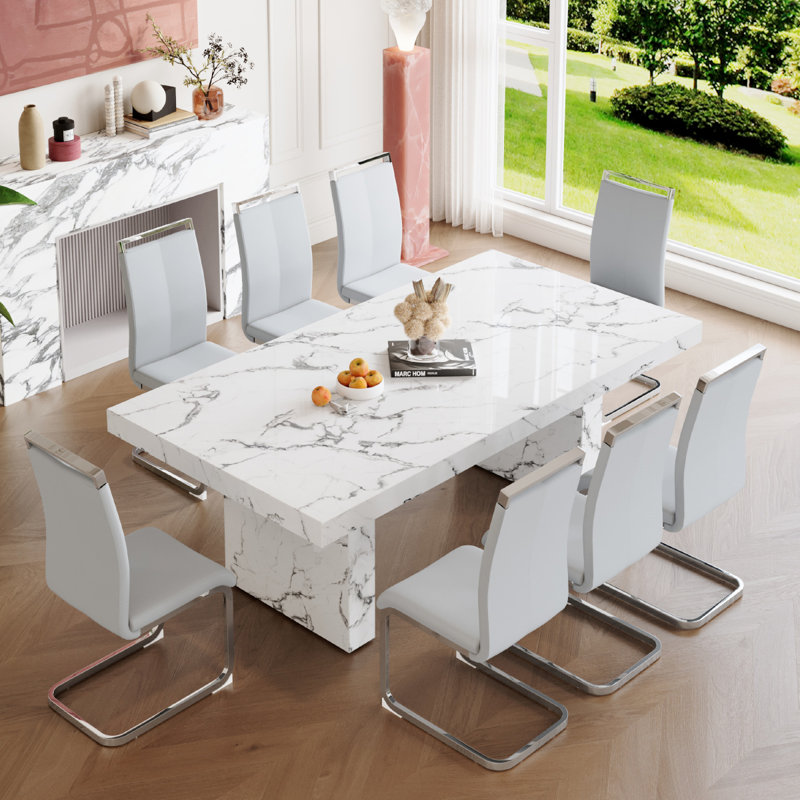 Ensemble de table de salle à manger en marbre pour 8 personnes, Gris clair, 9 pièces : table, 8 chaises