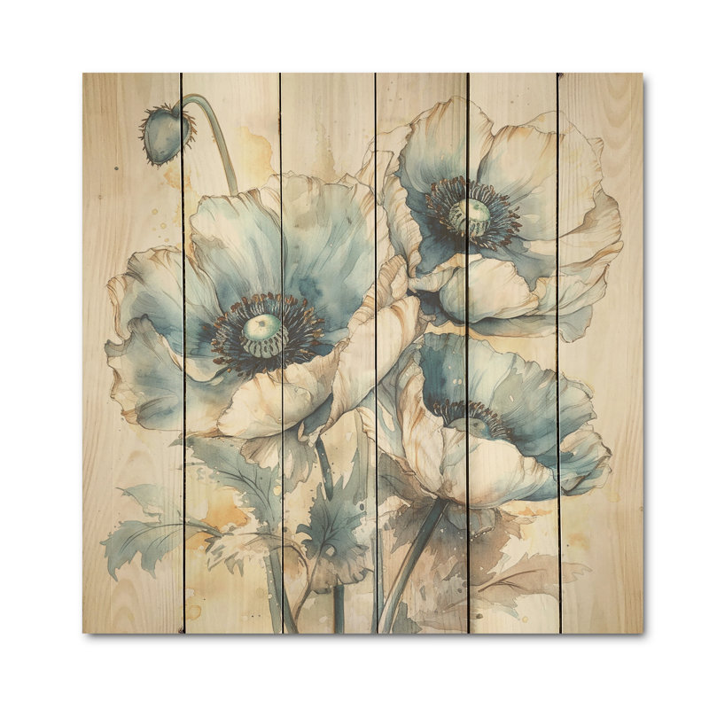 Fleurs de pavot bleu pâle et blanches I - coquelicots, art sur bois de pin naturel, H 30 po x l 30 po