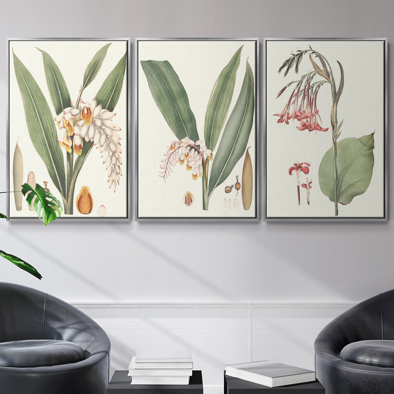 «Soft Tropical I», ensemble de 3 toiles encadrées, H 36 po x l 72 po, Argent