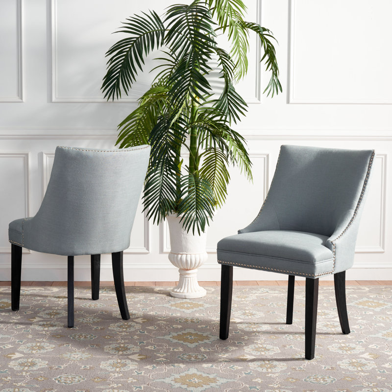Ardelis 19.7'' H Leather Upholstered Side Chair, Rustic Black, Light Blue Linen Fabric