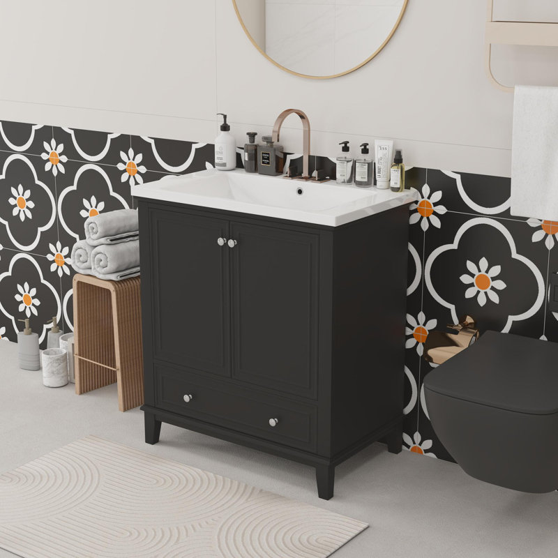 Meuble-lavabo de 30 po, Noir, Argent argent