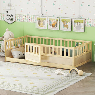 Twin Size Montessori Wooden Floor Bed With High Safety Barrier And Integrated Door For Independent Kids.