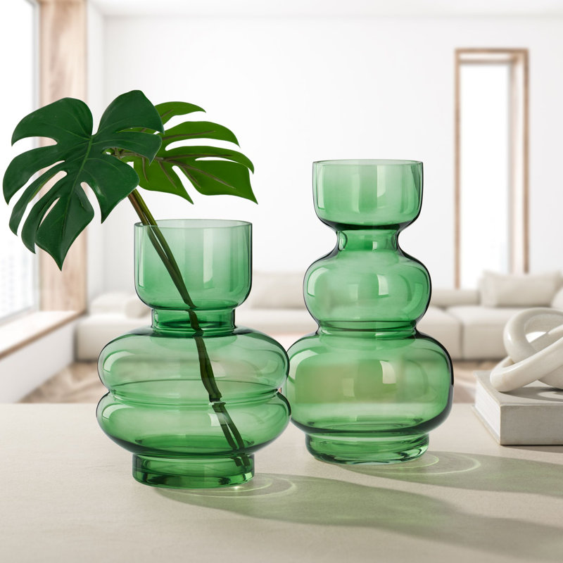 Green Glass Bubble Table Vase for Flowers, 9.5" Tall