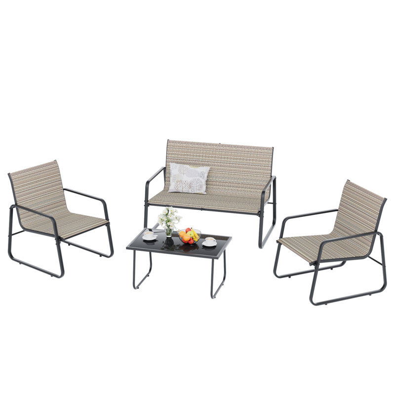 4-Piece PVC-coated polyester Outdoor Patio Sofa Set With Adjustable Feet, Metal Frame & Black Tempered Glass Coffee Table