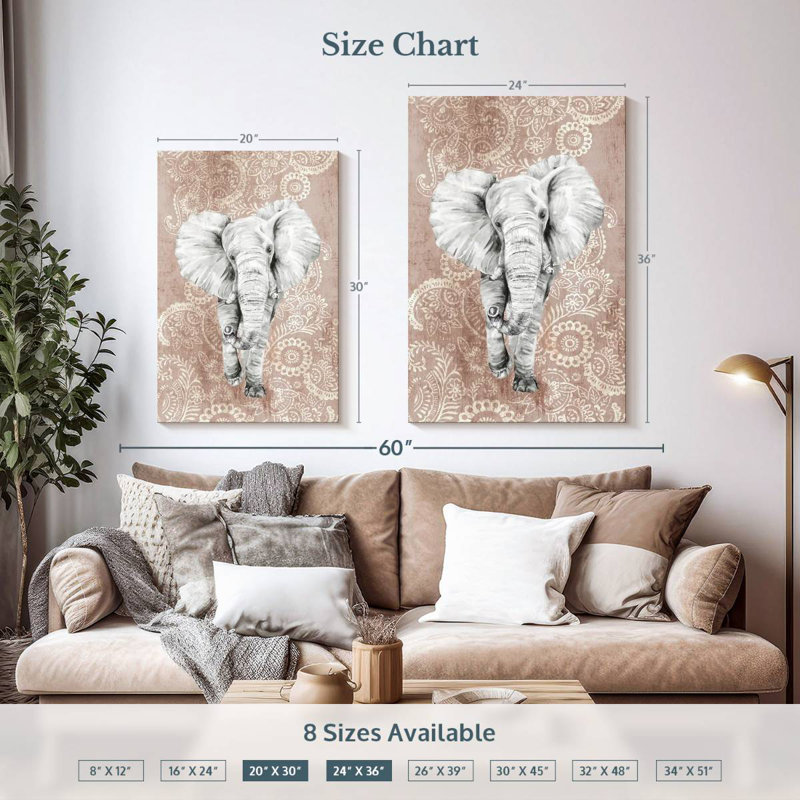 Éléphant à motif cachemire rose Brampt, H 36 po x l 24 po