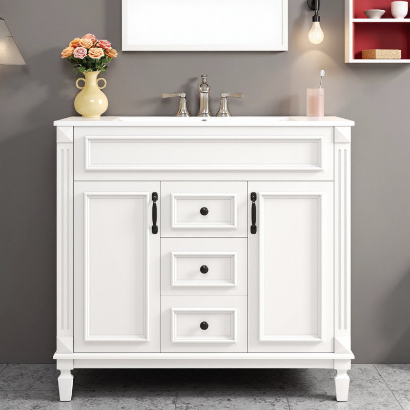 Meuble-lavabo moderne de 36 po avec lavabo en céramique, 2 portes à fermeture douce et 2 tiroirs, pieds romains, capacité de 300 lb, finition texturée, robinet central de 4 po prêt pour le robinet