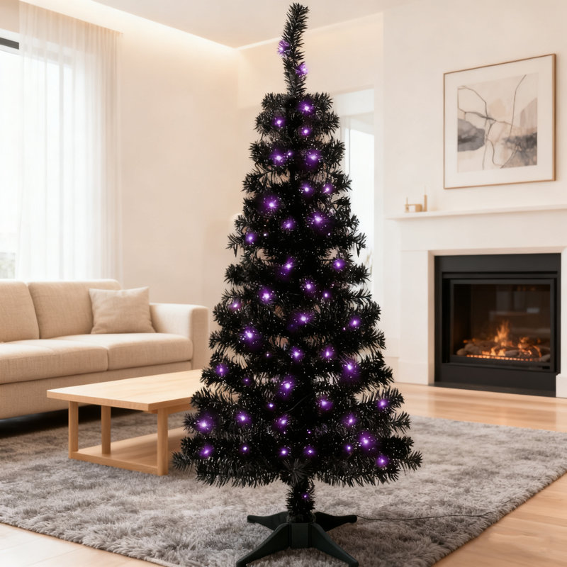 Halloween Christmas Tree 4FT Black, LED Purple Lights Artificial Tinsel Tree With 8 Modes Timer, Halloween Decorations For Home Party