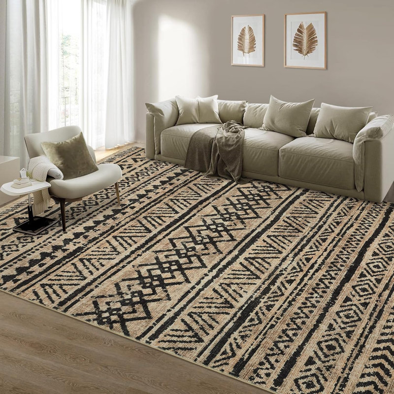 5x7 Washable Bedroom Rug Non-Slip Low Pile Stain-Resistant Soft Foldable Lightweight Modern Accent Rug Living Room Playroom Beige & Gray