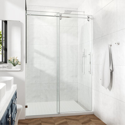 72x76" Fixed & Sliding Shower Door, Round Tube Hardware, Round Tube Hardware, Clear Glass Shower Door, 3/8″ (10mm) SGCC Tempered Glass, Stainless Steel, Chrome