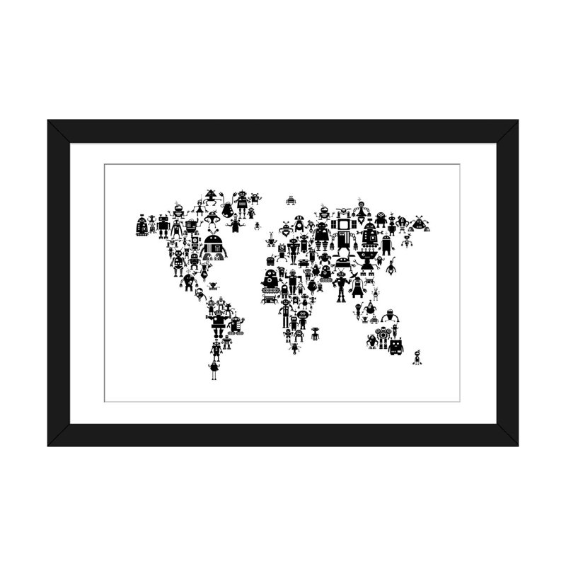" Black & White Robots " by Michael Tompsett, 16" H x 24" W x 1" D, Black Framed Fine Art Paper, White