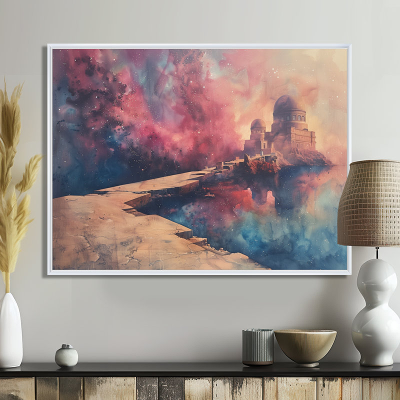 Rose, bleu, été, astral, observatoires I - Art mural, Cadre flottant blanc, bois massif, H 34 po x l 44 po