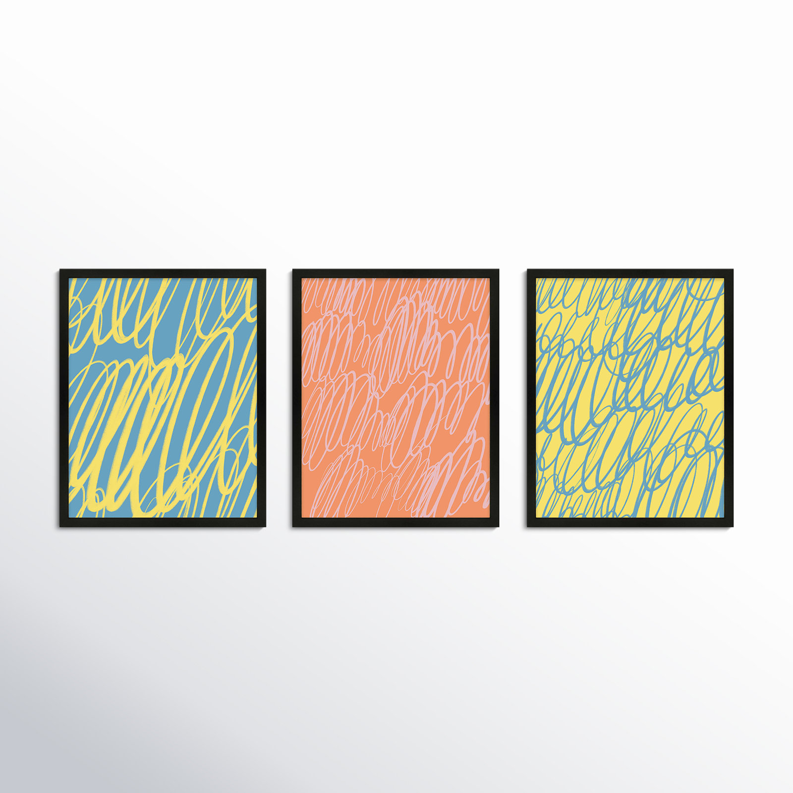 Color Squiggles by Jacques Pilon, Black Single Structure Framed Paper, 50" H x 120" W x 1.25" D