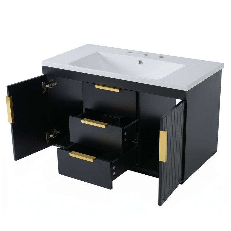 Armoire de rangement flottante en bois aggloméré 36 pouces avec 2 tiroirs, Noir