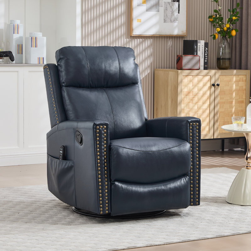 30.5 "W Manual Genuine Leather Swivel Rocker Recliner Vintage Recliner With Heated Massage, Blue