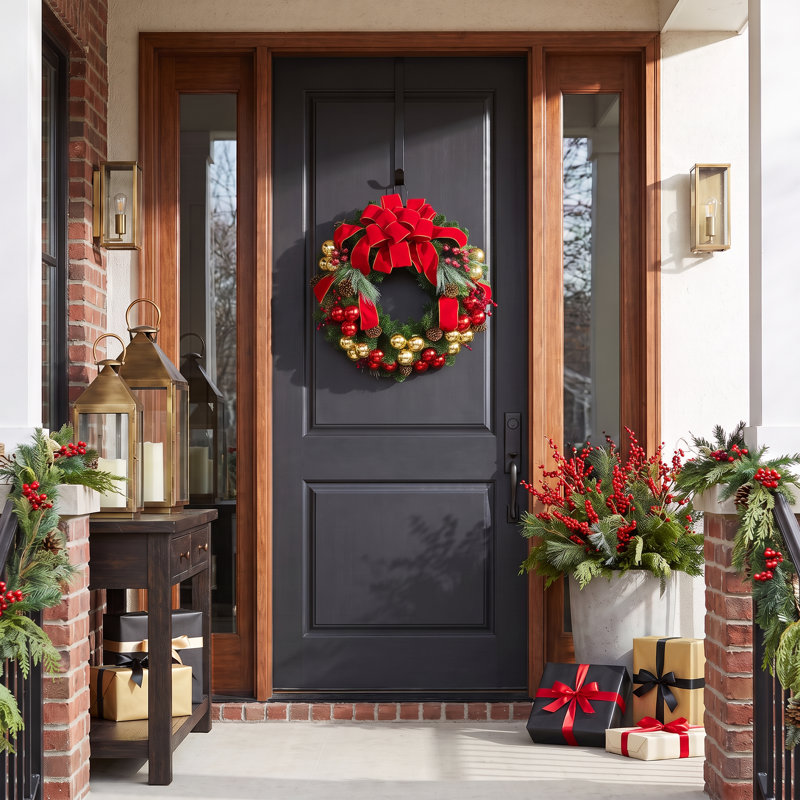 Holiday Red And Gold Evergreen Wreath