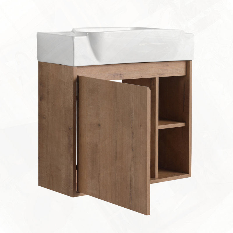 Wall-Mounted Bathroom Vanity With Ceramic Sink Soft-Close Door, Imitative Oak, 24"