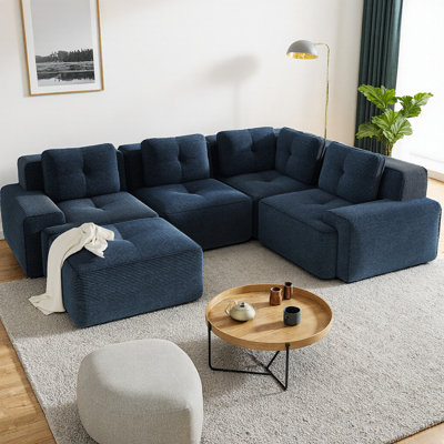 Canapé modulaire moderne en forme de U, canapé en velours côtelé à 4 places avec passepoil perlé et détails capitonnés, canapé à siège profond avec repose-pieds mobile, sans assemblage, base antidérapante
